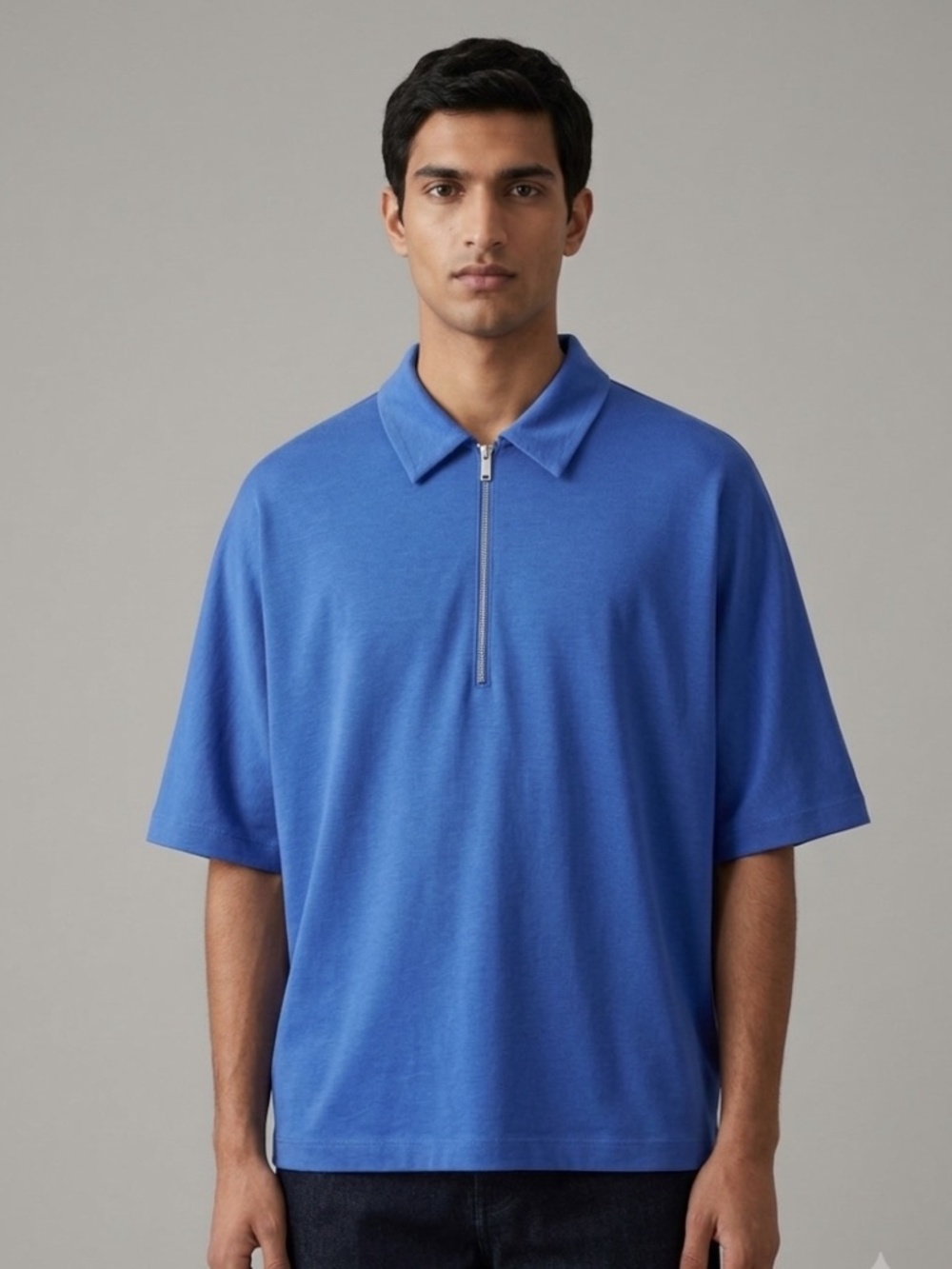COS 100% Lyocell Oversized Polo Shirt 1/4 Zip Drop Shoulder Cobalt Blue Sz L